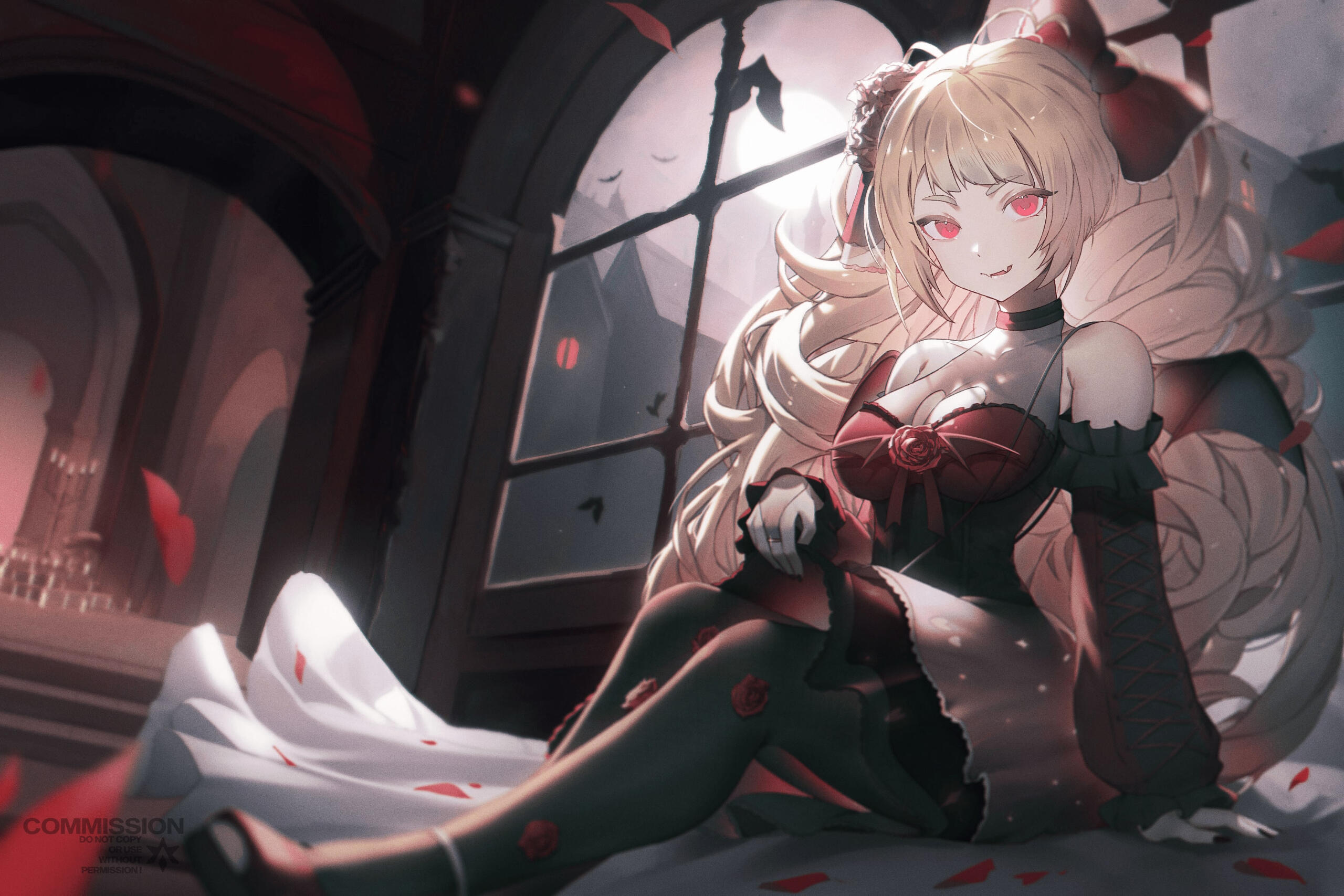 Momoe (NemuiArts) é uma VTuber e ilustradora vampira, com cabelo loiro, olhos vermelhos e morcegos ao redor. Ela usa uma roupa vermelha e está em um castelo inspirado no do Drácula. / Momoe (NemuiArts) is a VTuber and illustrator vampire with blonde hair,