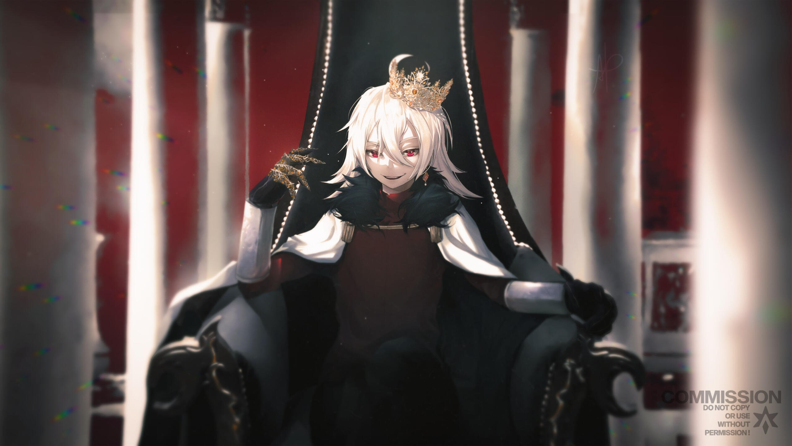 Shiro, VTuber, comissionado em meio corpo. A ilustração o retrata sentado em um trono com uma coroa dourada. / Shiro, a VTuber commissioned in half-body. The illustration depicts him sitting on a throne wearing a golden crown.