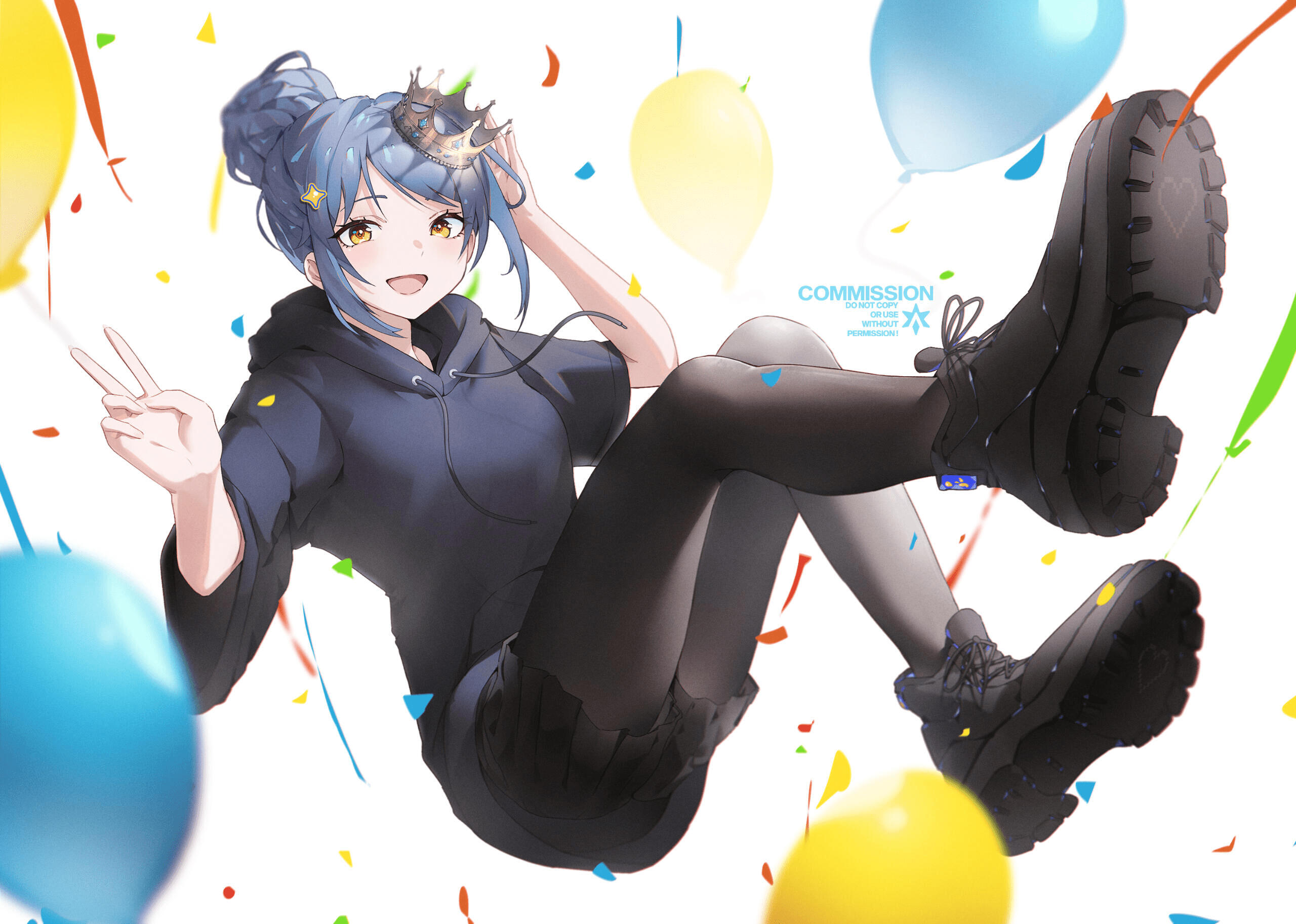 Vtuber Deusa Maah, uma VTuber brasileira com cabelo azul, vestindo um moletom e usando uma coroa. Comissão de corpo inteiro feita por ALP. / Vtuber Deusa Maah, a Brazilian VTuber with blue hair, wearing a hoodie and a crown. Full-body commission created by