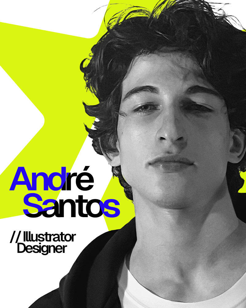 André Santos | Illustrator & Designer Profile branding image of André Santos (alp_draw). Graphic design composition with a neon green star background and text "Illustrator Designer", representing his anime art career.