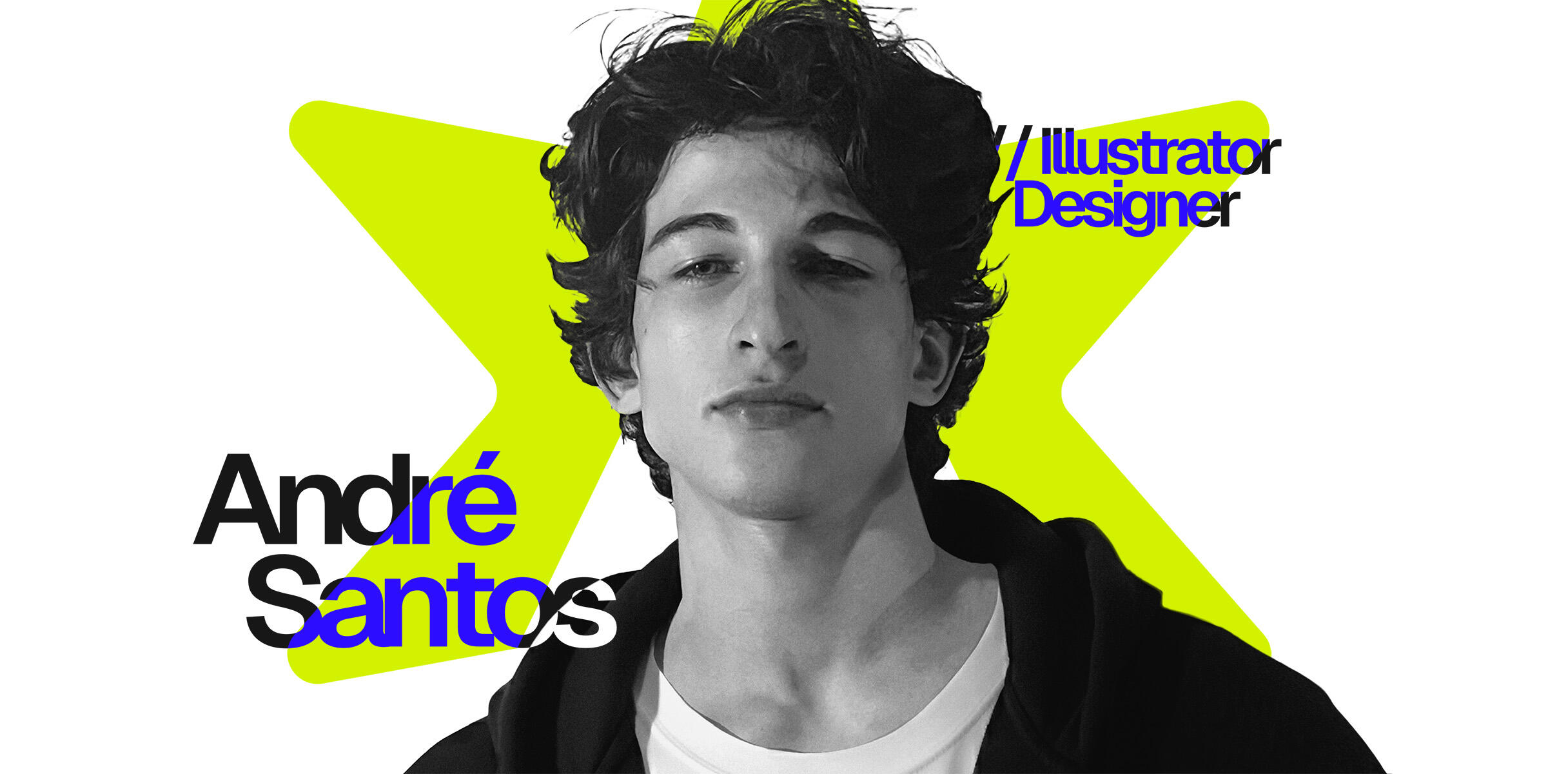 André Santos | Illustrator & Designer Profile branding image of André Santos (alp_draw). Graphic design composition with a neon green star background and text "Illustrator Designer", representing his anime art career.