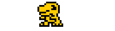 Animated GIF of Agumon from Digimon walking. Pixel art anime decoration for the About Me section.